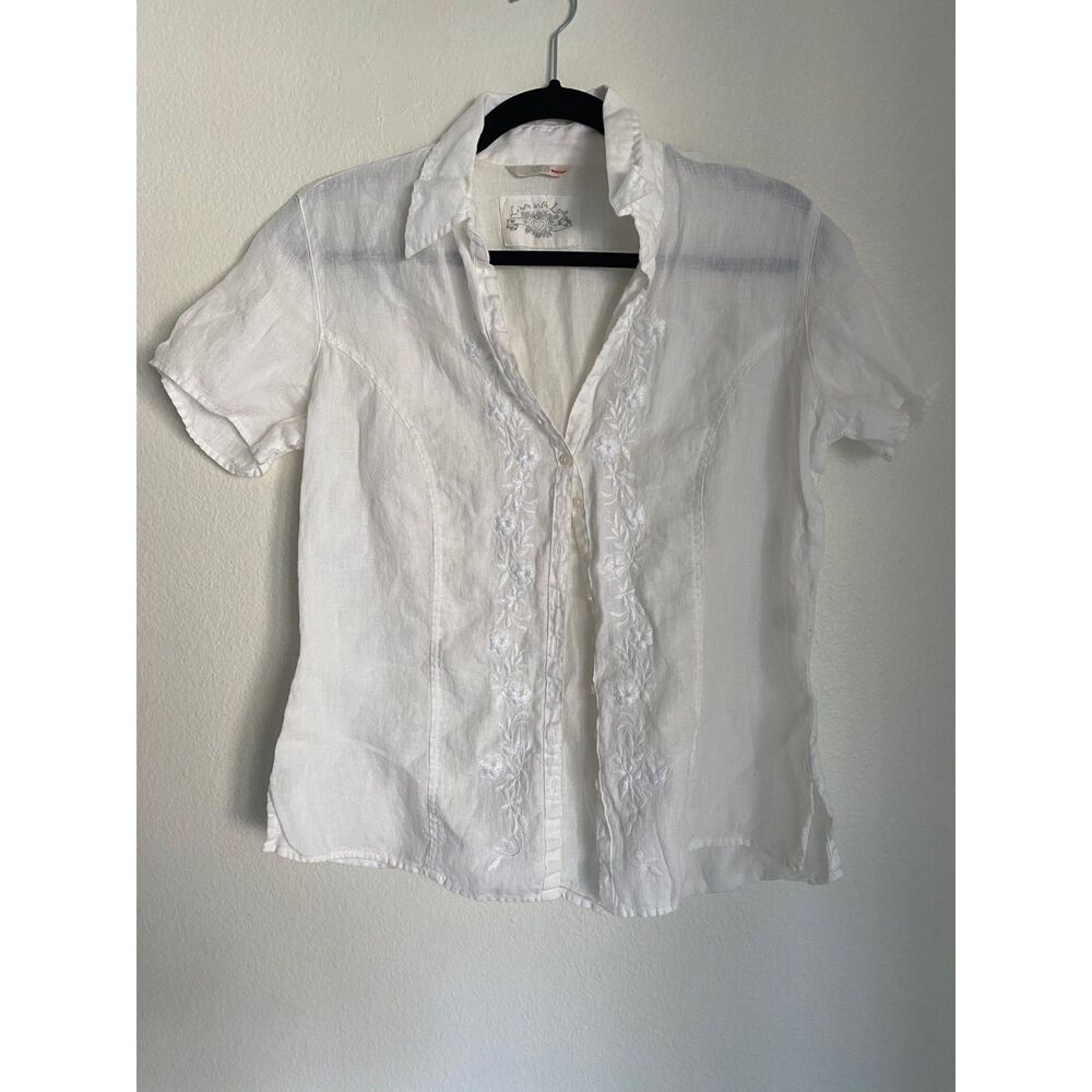 Marks & Spencer Linen With Love Embroidered Button Down Linen Top SIZE UK12